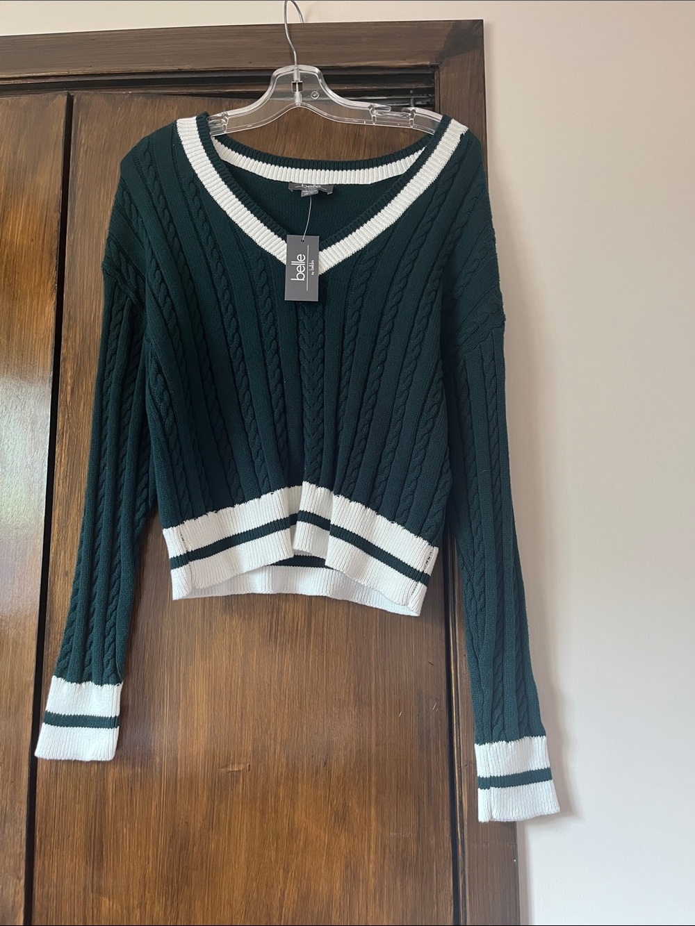 belle Dark Green V-Neck Cable Knit Sweater with White Trim